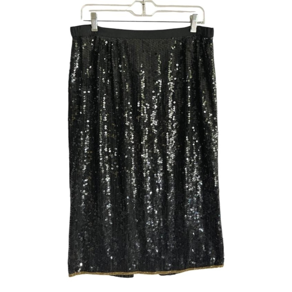Vtg JUDITH ANN Creations Black Silk Cocktail Skirt SEQUINS & Gold Beaded sz S
